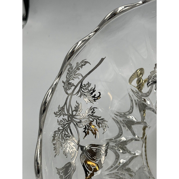 Vtg Art Deco Clear Glass Centerpiece Fruit Footed Bowl Silver Floral Accents MCM - Picture 4 of 9